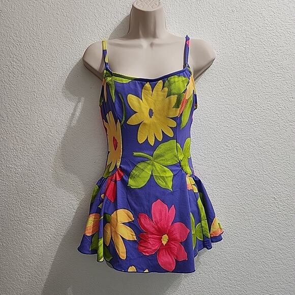 Cole of California Vintage Bathing Swimsuit Sz 12 Made in USA Floral Skirt - Picture 1 of 13